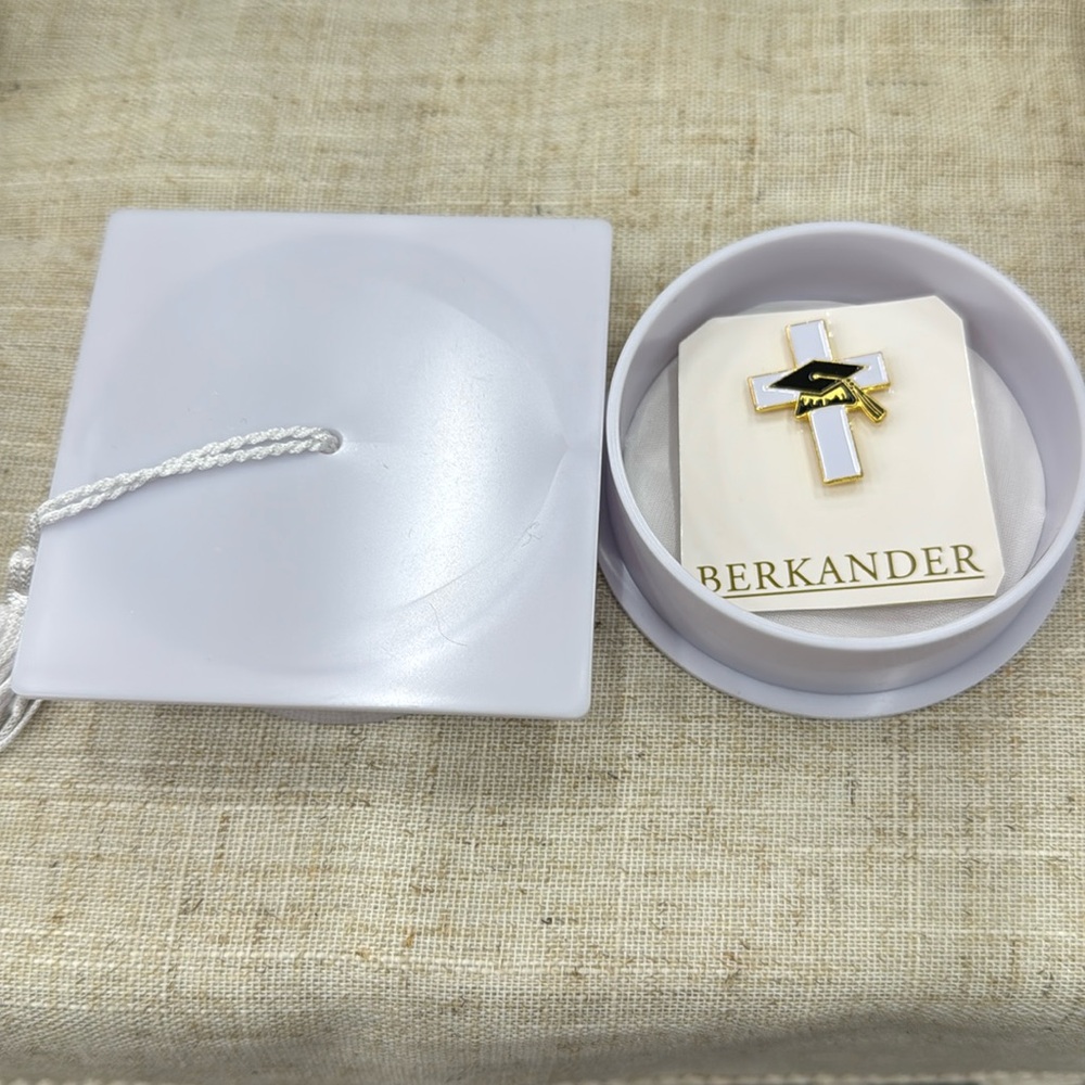 Graduation Cap Cross Pin white black enamel golden trim graduation cap gift box